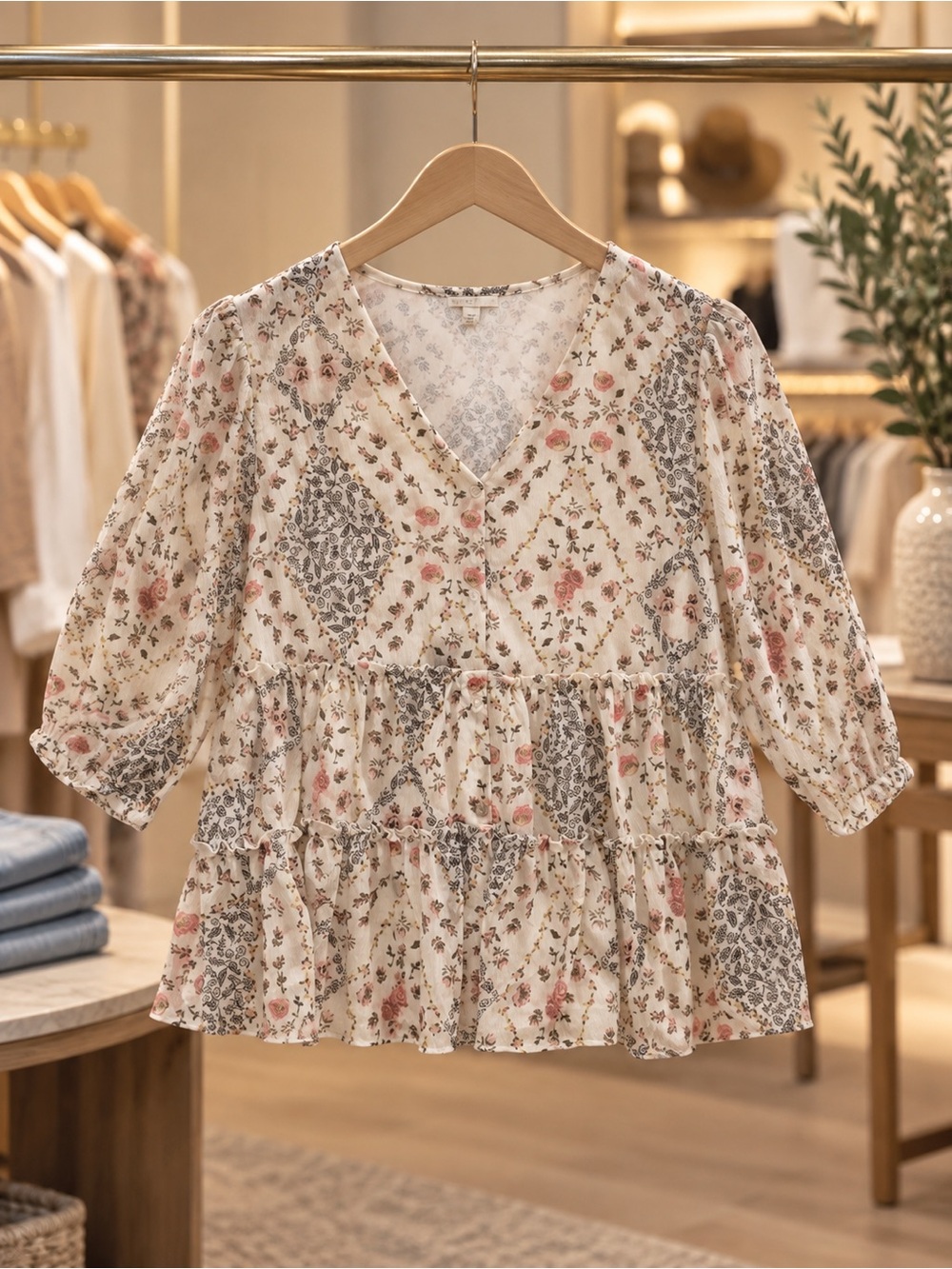 Women's Floral Tiered Peasant Blouse - Cream with Pink & Gray Accents